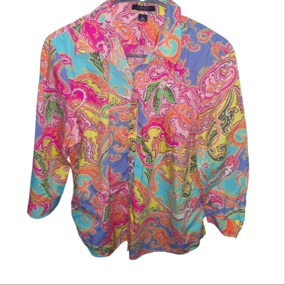 Chaps 100% Cotton Bright Colored Paisley Print 3/4 Sleeve Shirt - Picture 1 of 3